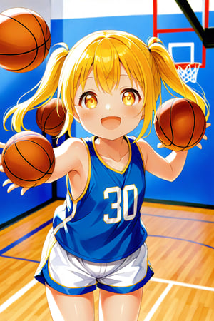 loli, happy_face, yellow hair, front_view, twin_tails, yellow_eyes, basketball, blue shirt, white shorts, 