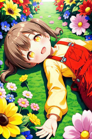loli hypnotized, happy_face, yellow eyes, brown hair, front_view, twin_tails, flowers garden, yellow shirt, red overalls, lying
