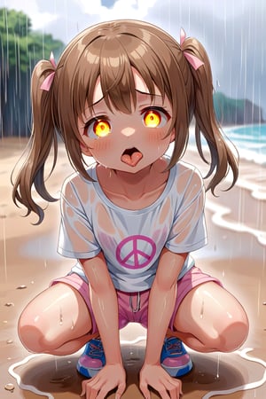 loli hypnotized, sad_face, yellow eyes, brown hair, front_view, twin_tails, rain beach, white shirt, pink short pants, crouched, sticking_out_tongue, peace fingers