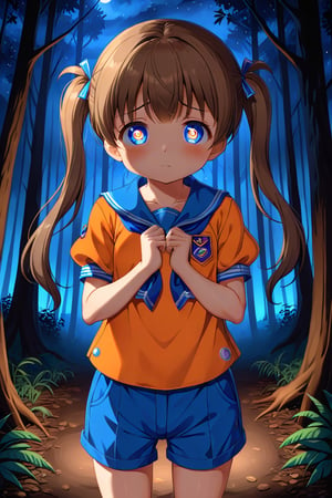 loli, sad face, front view, twin tails, brown hair, night forest, scout , orange shirt, blue shorts, looking_at_viewer, heart_shaped_pupils, 