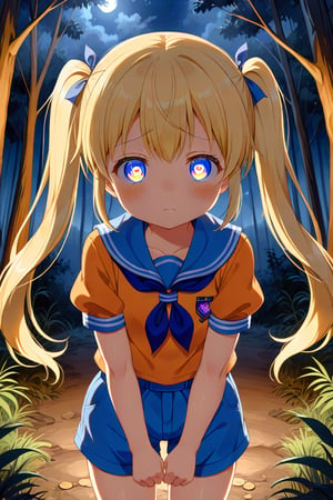 loli, sad face, front view, twin tails, yellow hair, night forest, scout , orange shirt, blue shorts, looking_at_viewer, heart_shaped_pupils, 