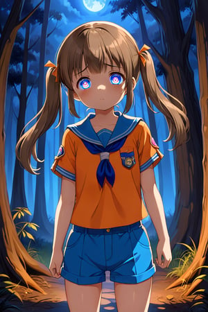 loli, sad face, front view, twin tails, brown hair, night forest, scout , orange shirt, blue shorts, looking_at_viewer, heart_shaped_pupils, 