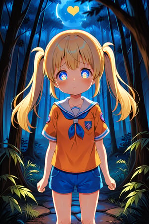 loli, sad face, front view, twin tails, yellow hair, night forest, scout , orange shirt, blue shorts, looking_at_viewer, heart_shaped_pupils, 