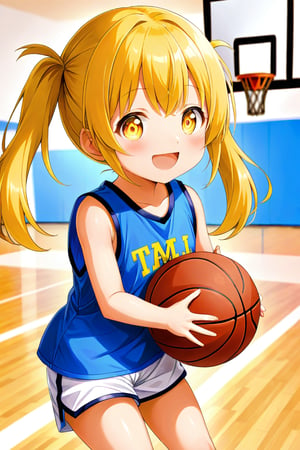 loli, happy_face, yellow hair, front_view, twin_tails, yellow_eyes, basketball, blue shirt, white shorts, 