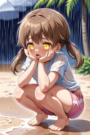 loli hypnotized, sad_face, yellow eyes, brown hair, front_view, twin_tails, rain beach, white shirt, pink short pants, squatting, sticking_out_tongue, 