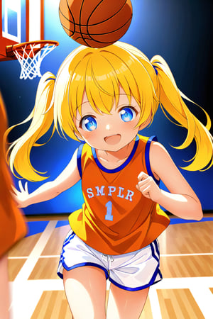 loli, happy_face, yellow hair, front_view, twin_tails, blue_eyes, basketball, orange shirt, white shorts, 