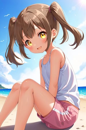 loli hypnotized, happy_face, yellow eyes, brown hair, side_view, twin_tails, beach, white shirt, pink short pants, sitting