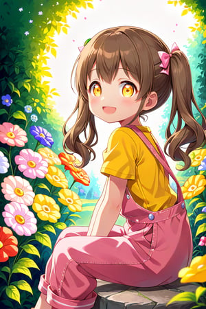 loli hypnotized, happy_face, yellow eyes, brown hair, side_view, twin_tails, flowers garden, yellow shirt, pink overalls, sitting,