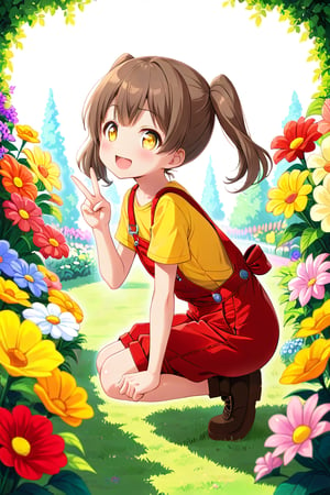loli hypnotized, happy_face, yellow eyes, brown hair, side_view, twin_tails, flowers garden, yellow shirt, red overalls, crouched, peace fingers
