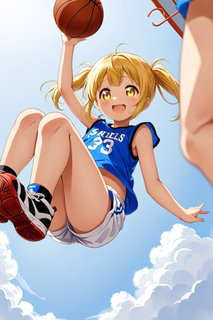 loli, happy_face, yellow hair, down_view, twin_tails, yellow_eyes, basketball, blue shirt, white shorts, jumping, sitting_down