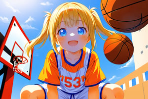 loli, happy_face, yellow hair, down_view, twin_tails, blue_eyes, basketball, orange shirt, white shorts, squatting