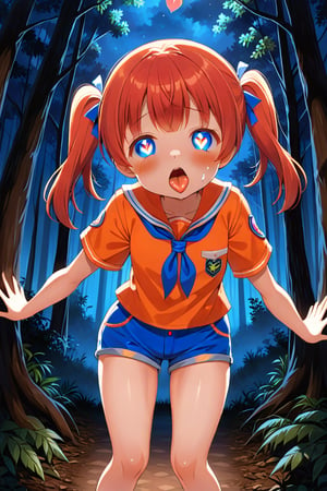 loli, cum face, front view, twin tails, red hair, night forest, scout , orange shirt, blue shorts, looking_at_viewer, heart_shaped_pupils, sticking_out_tongue