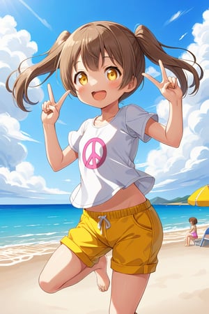 loli hypnotized, happy_face, yellow eyes, brown hair, side_view, twin_tails, beach, white shirt, yellow short pants, jumping, peace fingers