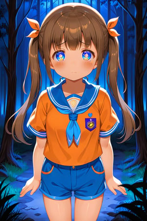 loli, sad face, front view, twin tails, brown hair, night forest, scout , orange shirt, blue shorts, looking_at_viewer, heart_shaped_pupils, 