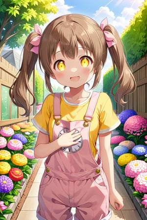 loli hypnotized, happy_face, yellow eyes, brown hair, front_view, twin_tails, flowers garden, yellow shirt, pink overalls, 