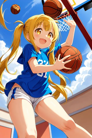 loli, happy_face, yellow hair, down_view, twin_tails, yellow_eyes, basketball, blue shirt, white shorts,