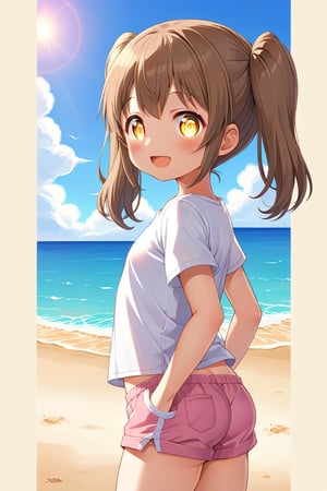 loli hypnotized, happy_face, yellow eyes, brown hair, side_view, twin_tails, beach, white shirt, pink short pants, 