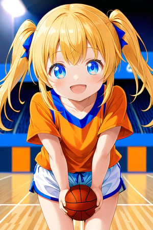 loli, happy_face, yellow hair, front_view, twin_tails, blue_eyes, basketball, orange shirt, white shorts, 