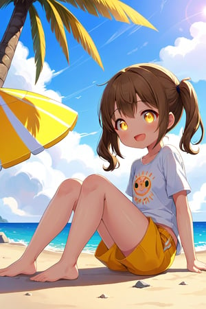 loli hypnotized, happy_face, yellow eyes, brown hair, side_view, twin_tails, beach, white shirt, yellow short pants, sitting, 