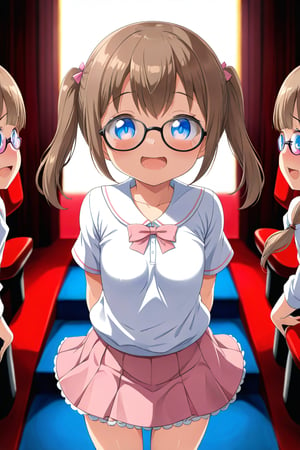 loli, brown hair, happy_face, front_view, twin_tails, blue_eyes, theather, white shirt, pink skirt, black glasses, ass_job