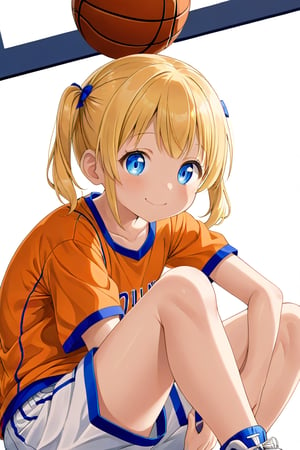 loli, happy_face, yellow hair, down_view, twin_tails, blue_eyes, basketball, orange shirt, white shorts, sitting_down