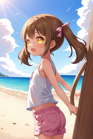 loli hypnotized, happy_face, yellow eyes, brown hair, side_view, twin_tails, beach, white shirt, pink short pants, 