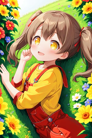 loli hypnotized, happy_face, yellow eyes, brown hair, side_view, twin_tails, flowers garden, yellow shirt, red overalls, lying