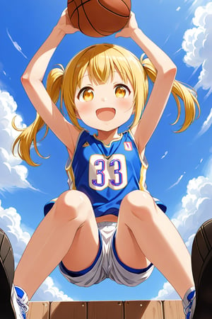 loli, happy_face, yellow hair, down_view, twin_tails, yellow_eyes, basketball, blue shirt, white shorts, jumping, sitting_down