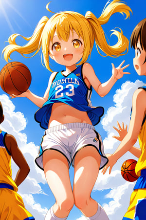 loli, happy_face, yellow hair, down_view, twin_tails, yellow_eyes, basketball, blue shirt, white shorts, jumping