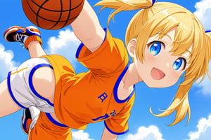 loli, happy_face, yellow hair, down_view, twin_tails, blue_eyes, basketball, orange shirt, white shorts, jumping