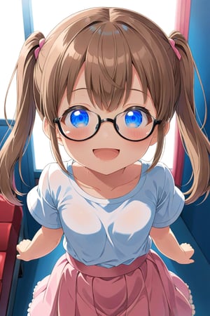 loli, brown hair, happy_face, front_view, twin_tails, blue_eyes, movie, white shirt, pink skirt, black glasses