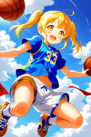 loli, happy_face, yellow hair, down_view, twin_tails, yellow_eyes, basketball, blue shirt, white shorts, jumping