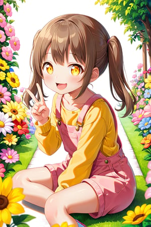 loli hypnotized, happy_face, yellow eyes, brown hair, side_view, twin_tails, flowers garden, yellow shirt, pink overalls, sitting, peace fingers, sticking_out_tongue