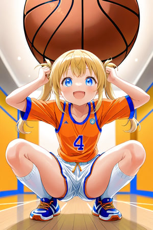 loli, happy_face, yellow hair, down_view, twin_tails, blue_eyes, basketball, orange shirt, white shorts, squatting