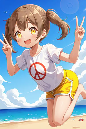 loli hypnotized, happy_face, yellow eyes, brown hair, side_view, twin_tails, beach, white shirt, yellow short pants, jumping, peace fingers