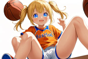 loli, happy_face, yellow hair, down_view, twin_tails, blue_eyes, basketball, orange shirt, white shorts, sitting_down