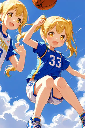 loli, happy_face, yellow hair, down_view, twin_tails, yellow_eyes, basketball, blue shirt, white shorts, jumping, sitting_down