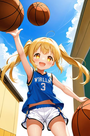 loli, happy_face, yellow hair, down_view, twin_tails, yellow_eyes, basketball, blue shirt, white shorts,