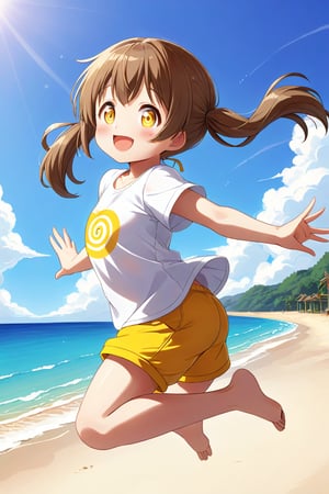 loli hypnotized, happy_face, yellow eyes, brown hair, side_view, twin_tails, beach, white shirt, yellow short pants, jumping