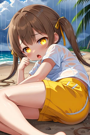 loli hypnotized, sad_face, yellow eyes, brown hair, side_view, twin_tails, rain beach, white shirt, yellow short pants, lying, sticking_out_tongue