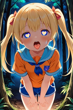 loli, cum face, front view, twin tails, yellow hair, night forest, scout , orange shirt, blue shorts, looking_at_viewer, heart_shaped_pupils, sticking_out_tongue