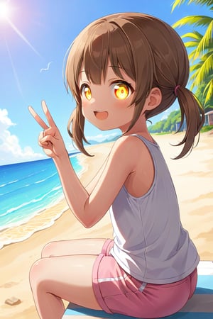 loli hypnotized, happy_face, yellow eyes, brown hair, side_view, twin_tails, beach, white shirt, pink short pants, sitting, peace fingers