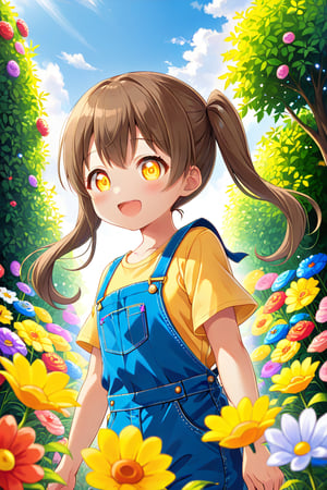 loli hypnotized, happy_face, yellow eyes, brown hair, side_view, twin_tails, flowers garden, yellow shirt, blue overalls, 