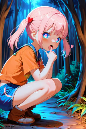 loli, cum face, sideview, twin tails, pink hair, night forest, scout , orange shirt, blue shorts, looking_at_viewer, heart_shaped_pupils, sticking_out_tongue, squatting