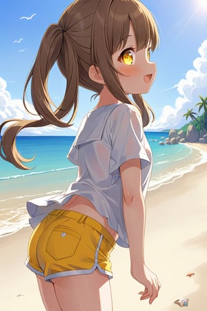 loli hypnotized, happy_face, yellow eyes, brown hair, side_view, twin_tails, beach, white shirt, yellow short pants, 