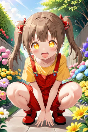 loli hypnotized, happy_face, yellow eyes, brown hair, front_view, twin_tails, flowers garden, yellow shirt, red overalls, squatting, sticking_out_tongue