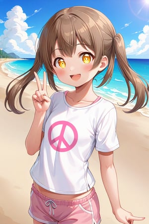 loli hypnotized, happy_face, yellow eyes, brown hair, side_view, twin_tails, beach, white shirt, pink short pants, peace fingers