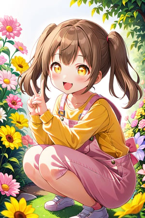 loli hypnotized, happy_face, yellow eyes, brown hair, side_view, twin_tails, flowers garden, yellow shirt, pink overalls, squatting, peace fingers, sticking_out_tongue