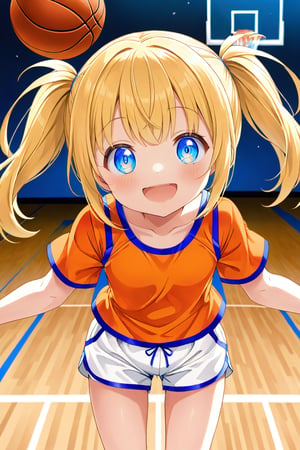 loli, happy_face, yellow hair, front_view, twin_tails, blue_eyes, basketball, orange shirt, white shorts, 