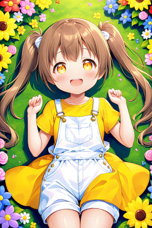 loli hypnotized, happy_face, yellow eyes, brown hair, front_view, twin_tails, flowers garden, yellow shirt, white overalls, lying